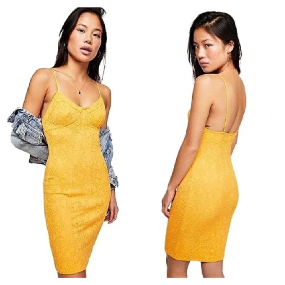 Free People Light Me Up Golden Yellow Floral Lace Slip Bodycon Dress